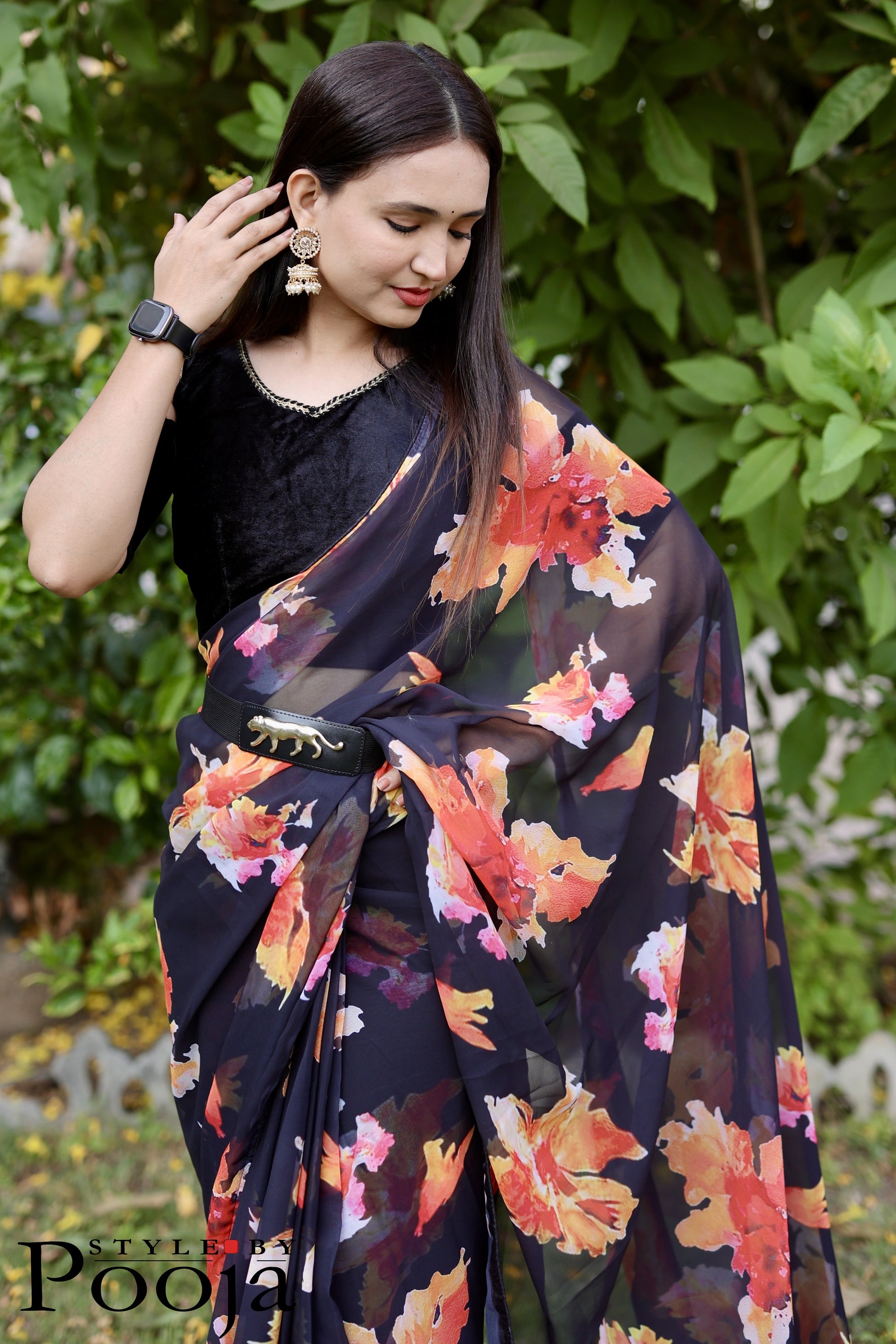 1 Min Ready to Wear Rashmika Mandana style Black Printed Saree