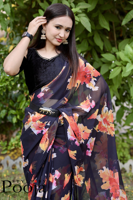 1 Min Ready to Wear Rashmika Mandana style Black Printed Saree