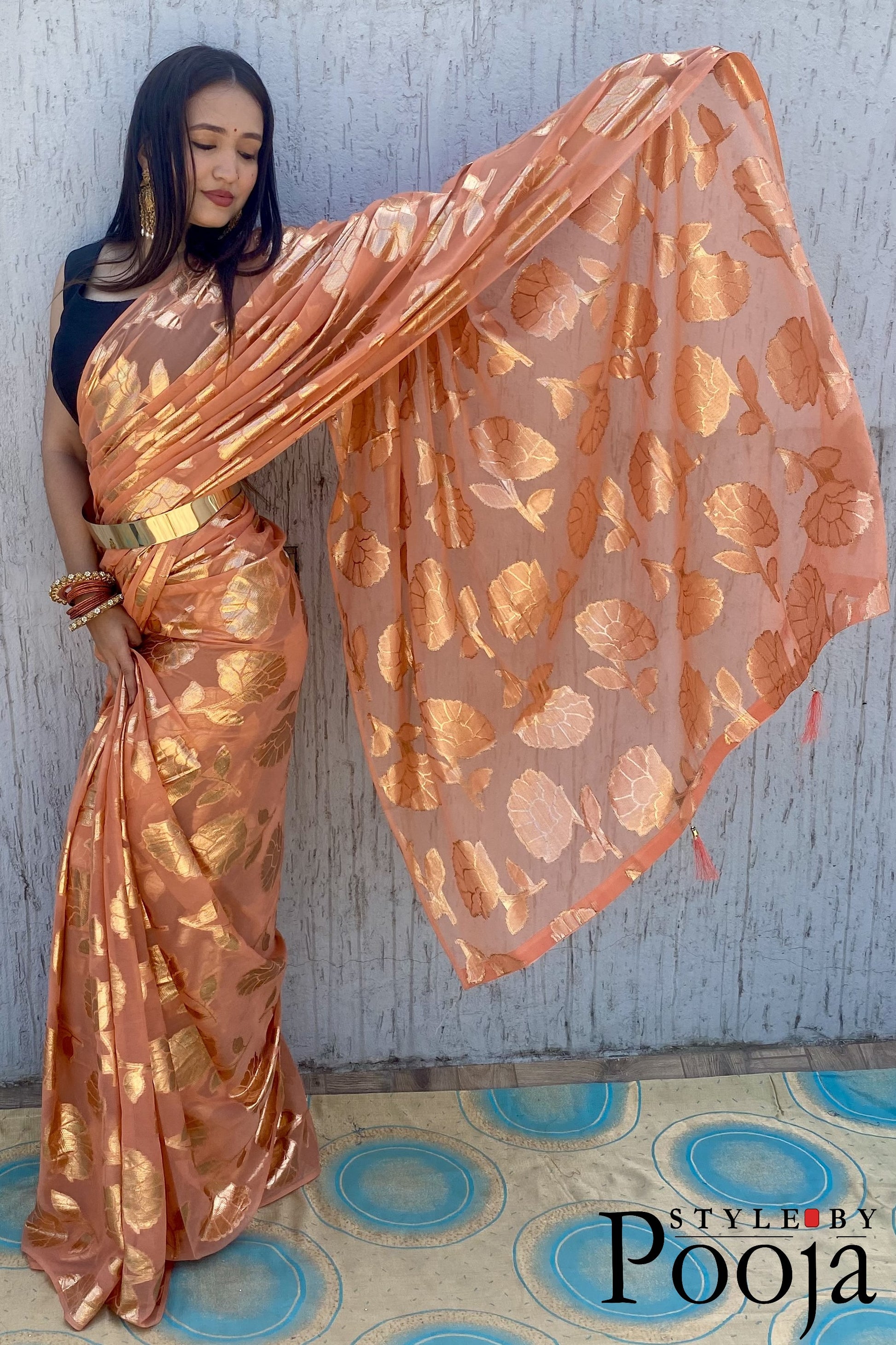 Ready to Wear Orange Woven Ethnic Saree