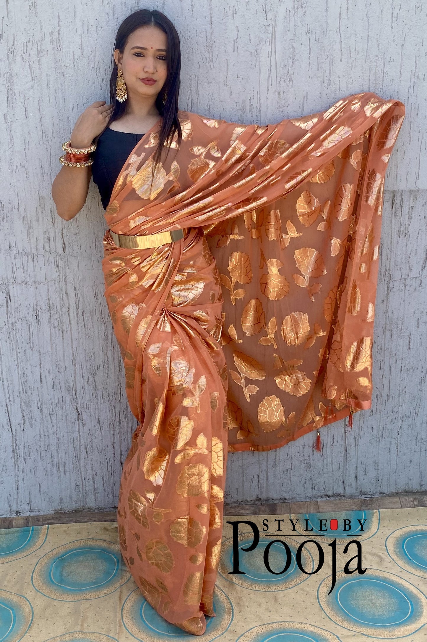 Ready to Wear Orange Woven Ethnic Saree