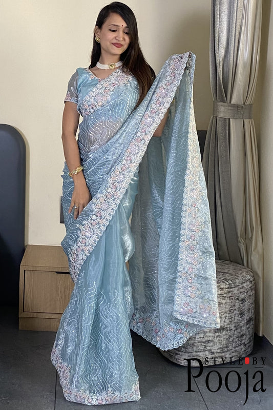 Festival Special Barbari Silk Embroidery With Sequence Work Party Wear Saree