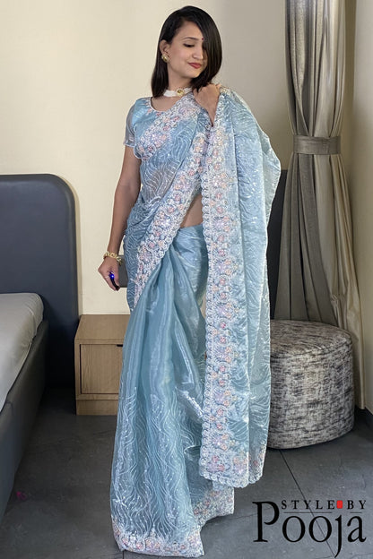 Festival Special Barbari Silk Embroidery With Sequence Work Party Wear Saree