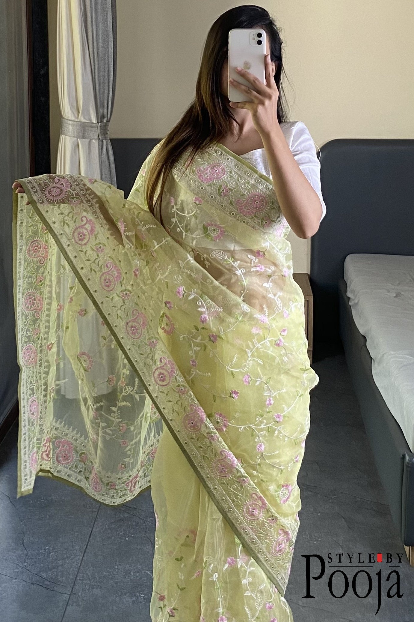 Pale Yellow Multi Embroidery Work Party Wear Saree