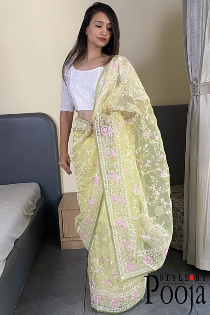 Pale Yellow Multi Embroidery Work Party Wear Saree