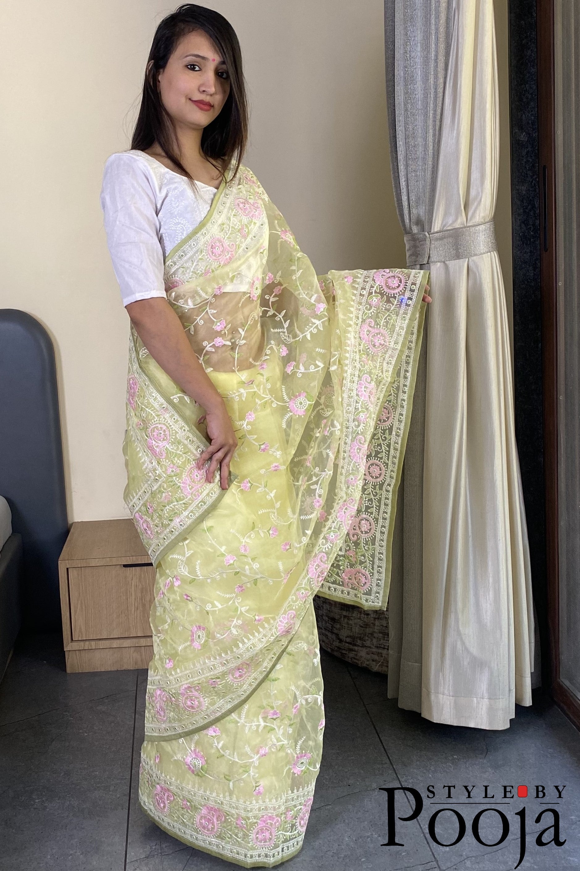 Pale Yellow Multi Embroidery Work Party Wear Saree