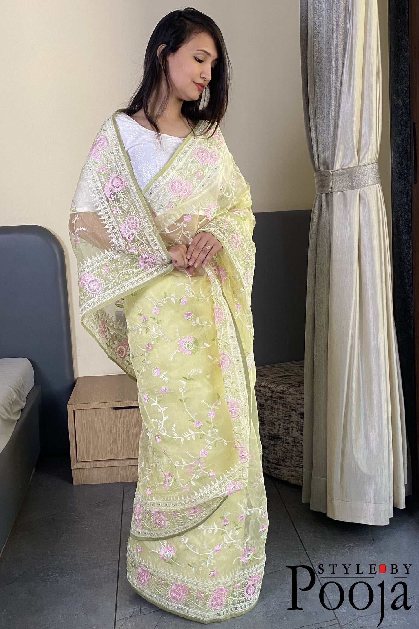 Pale Yellow Multi Embroidery Work Party Wear Saree