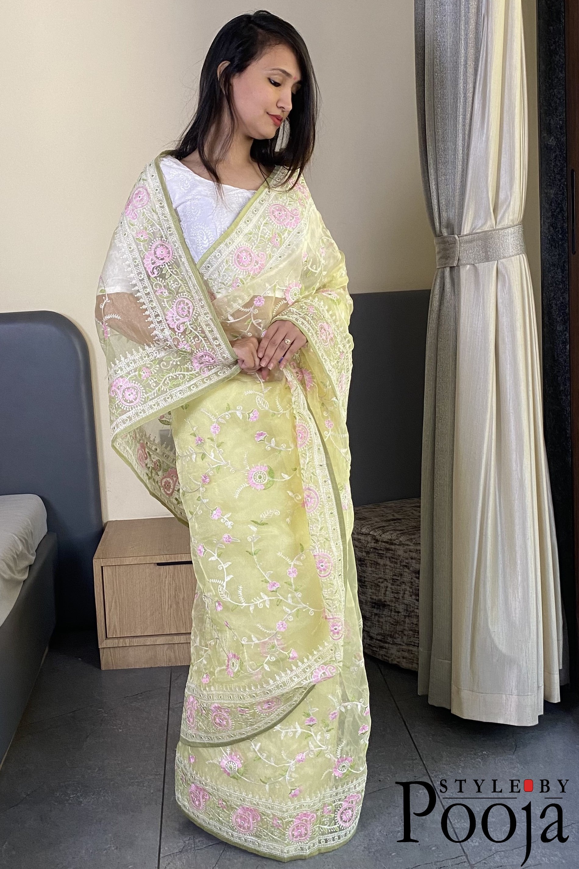 Pale Yellow Multi Embroidery Work Party Wear Saree