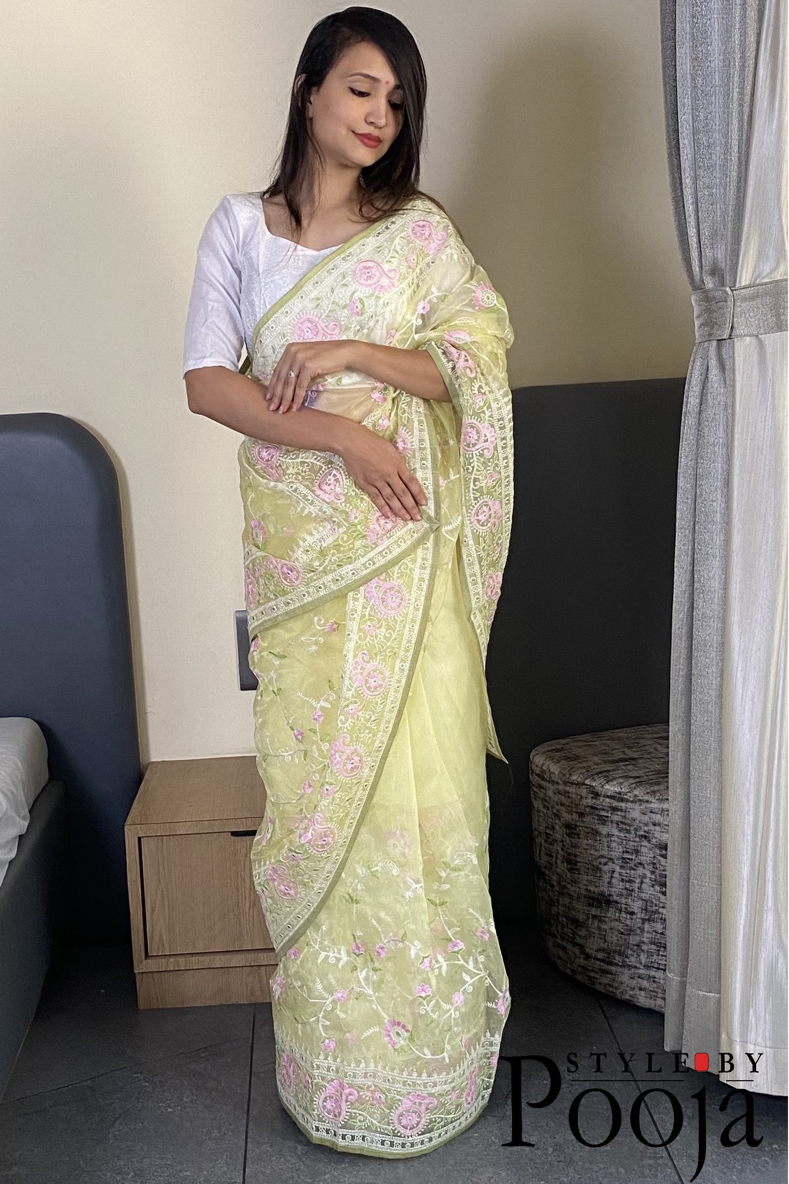 Pale Yellow Multi Embroidery Work Party Wear Saree