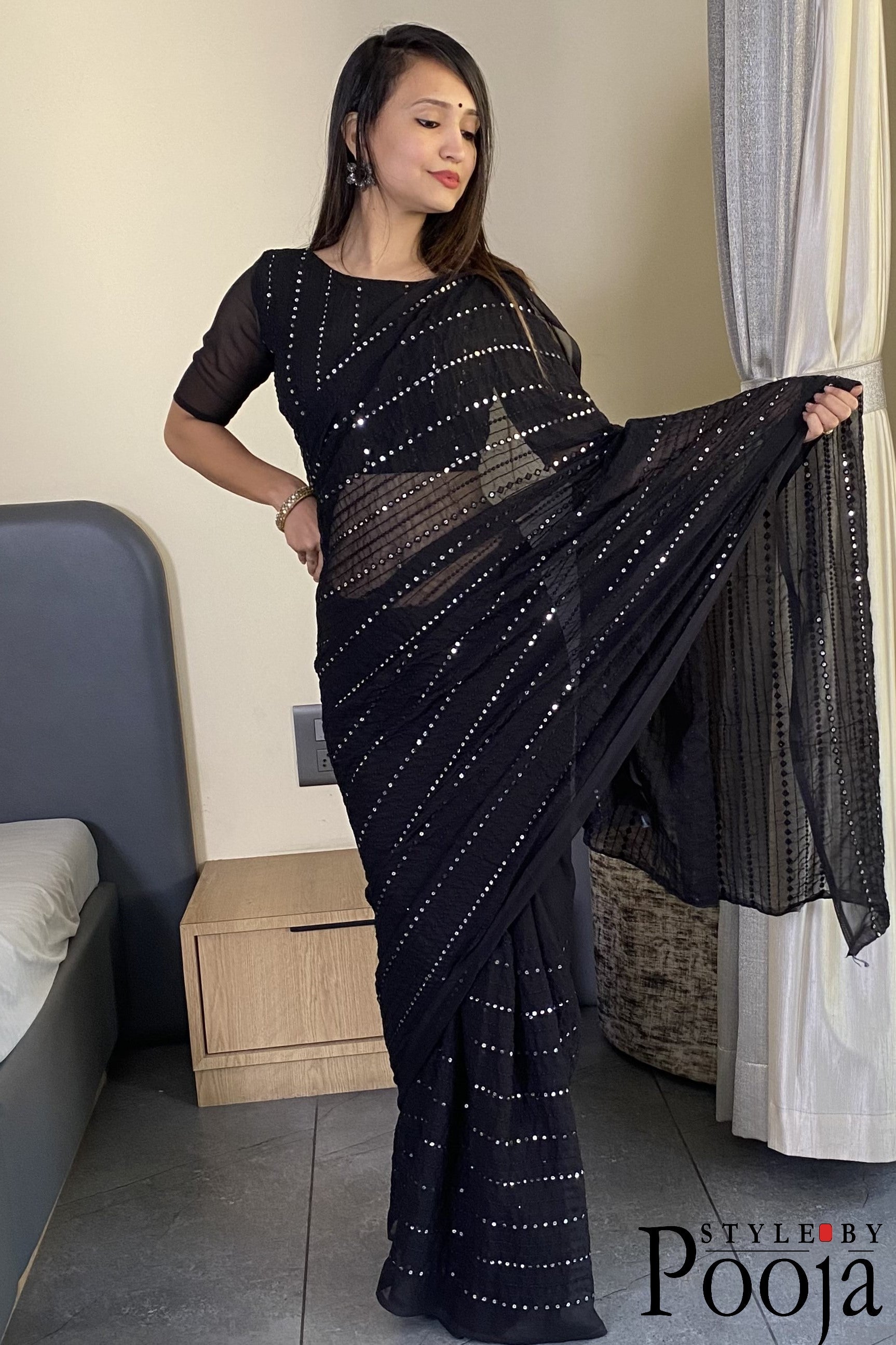Beautiful Premium Black Fox Georgette Party Wear Saree