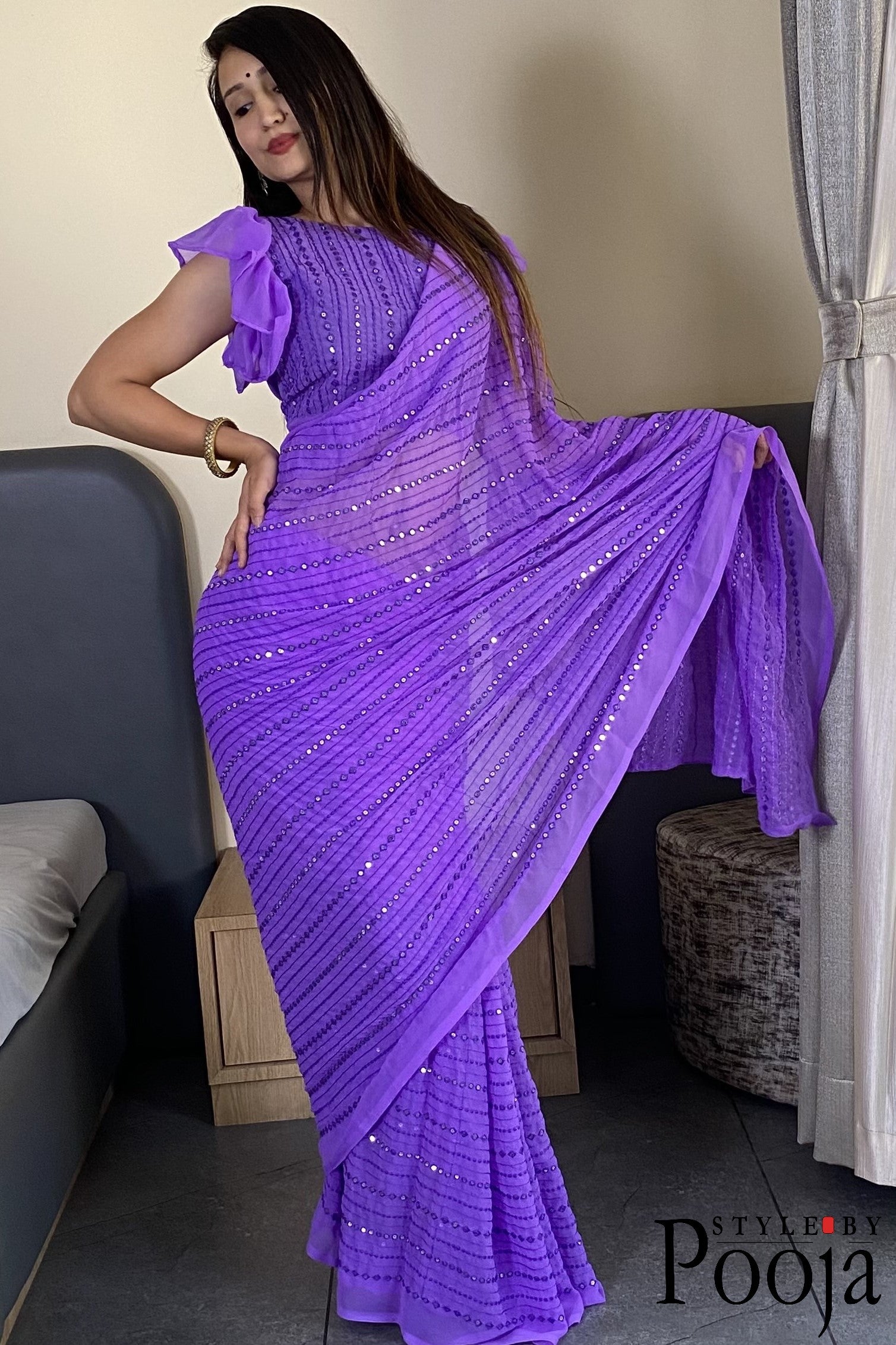 Beautiful Premium Lavender Fox Georgette Party Wear Saree