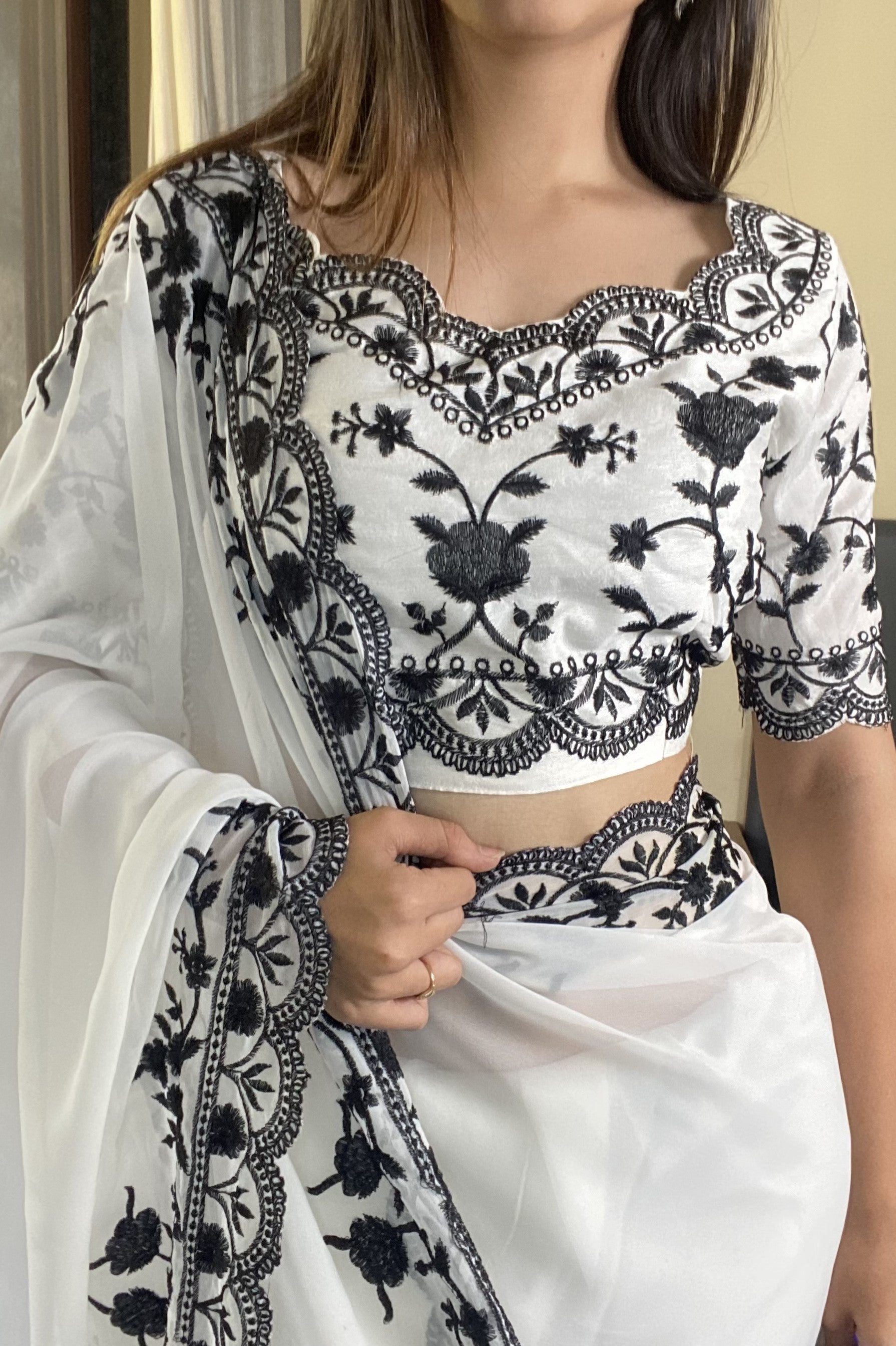 White Soft Georgette Saree With Cut Work Border