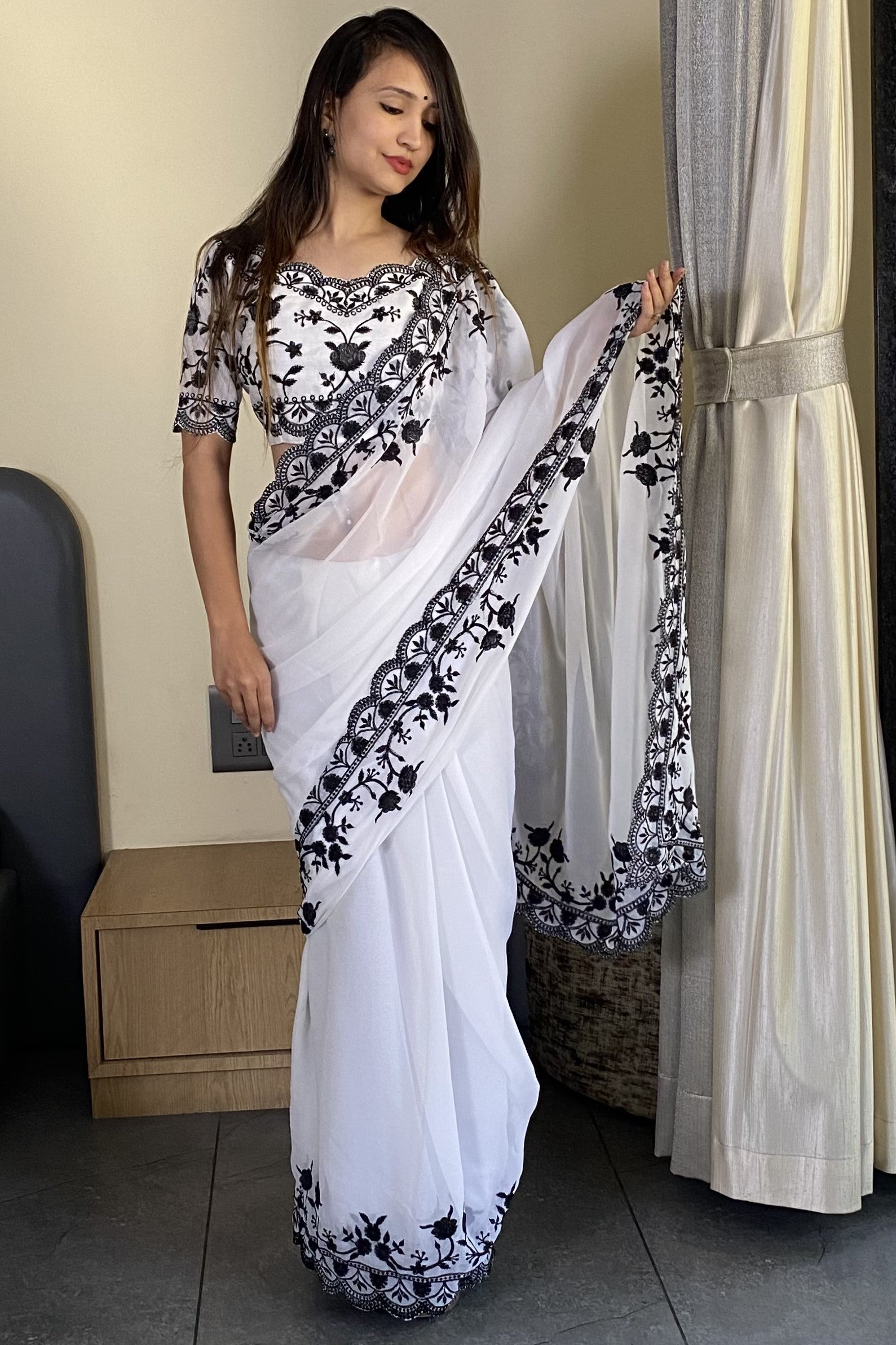White Soft Georgette Saree With Cut Work Border
