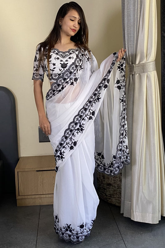 White Soft Georgette Saree With Cut Work Border