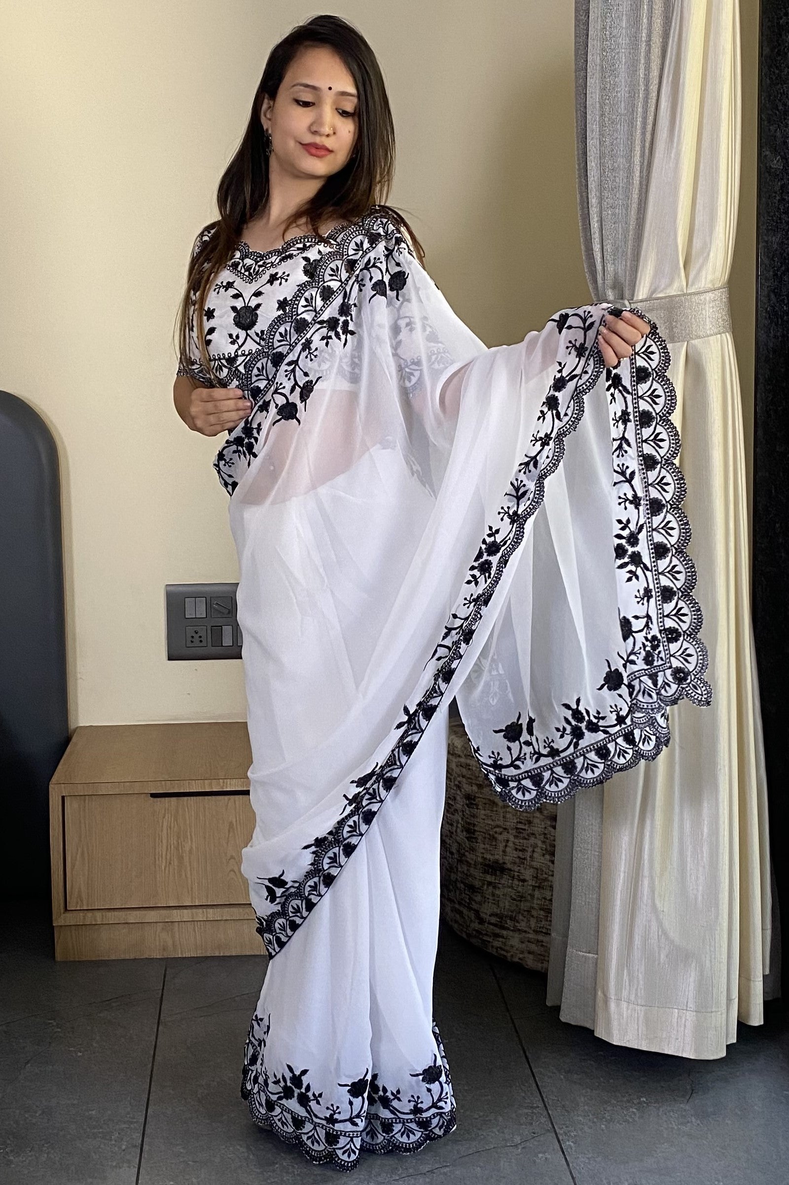 White Soft Georgette Saree With Cut Work Border