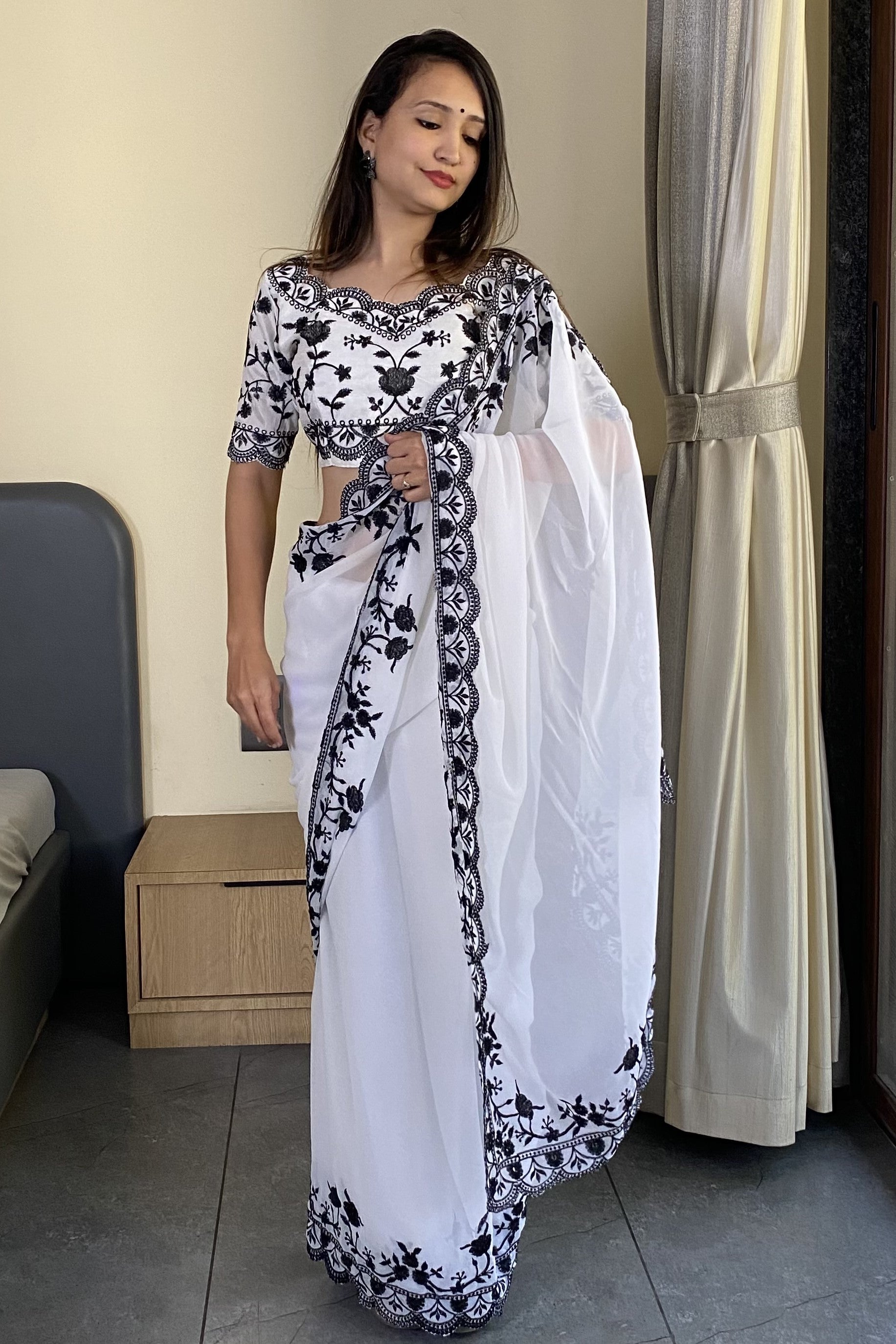White Soft Georgette Saree With Cut Work Border