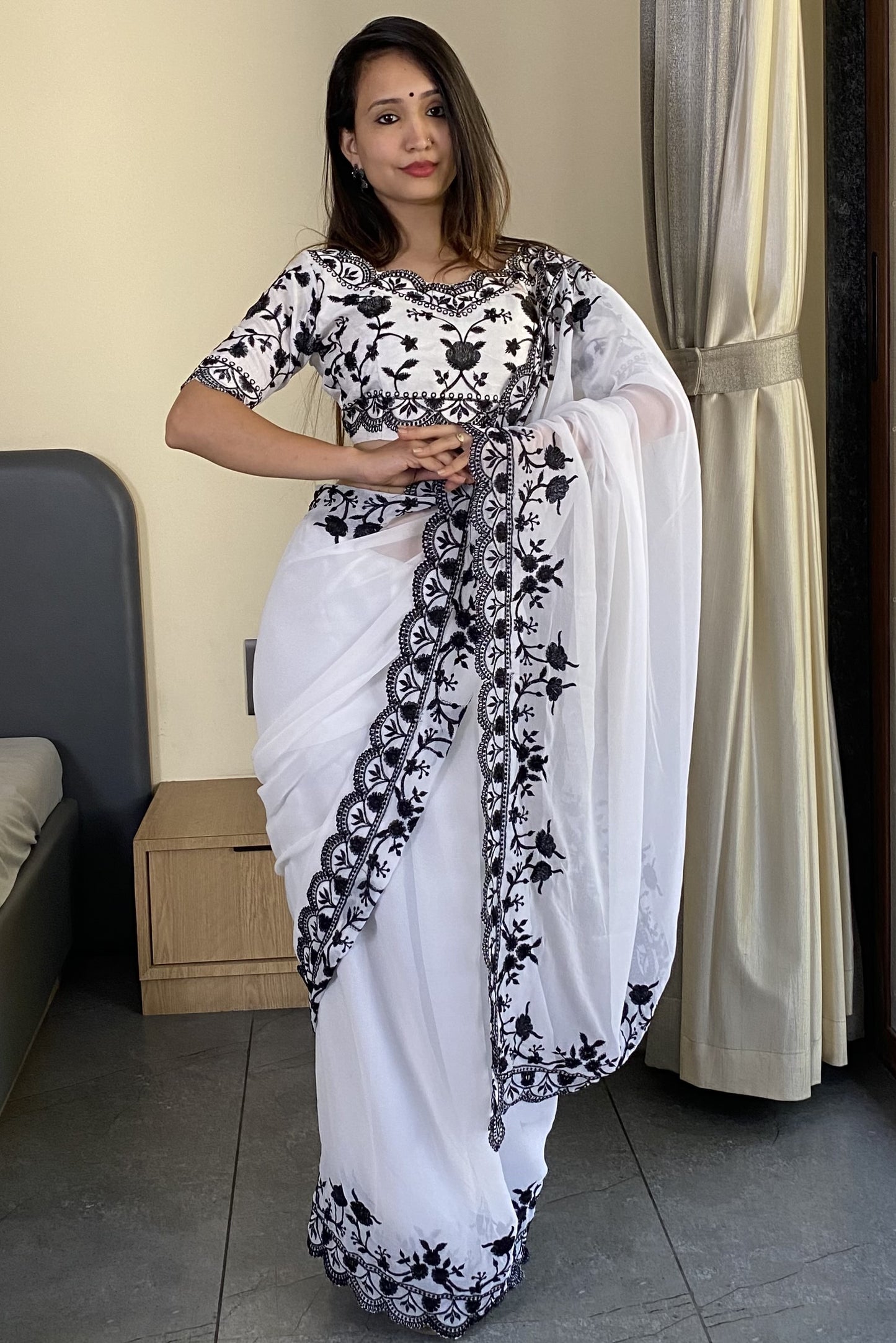 White Soft Georgette Saree With Cut Work Border