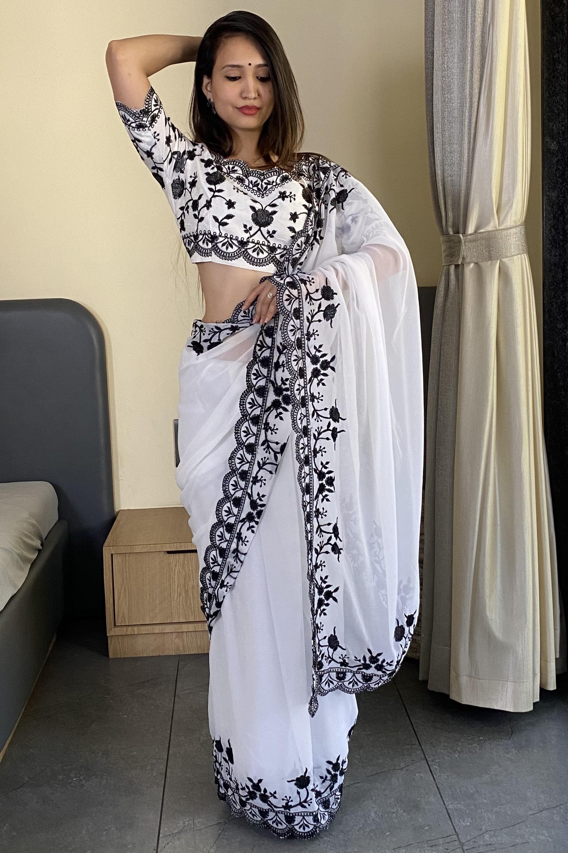 White Soft Georgette Saree With Cut Work Border