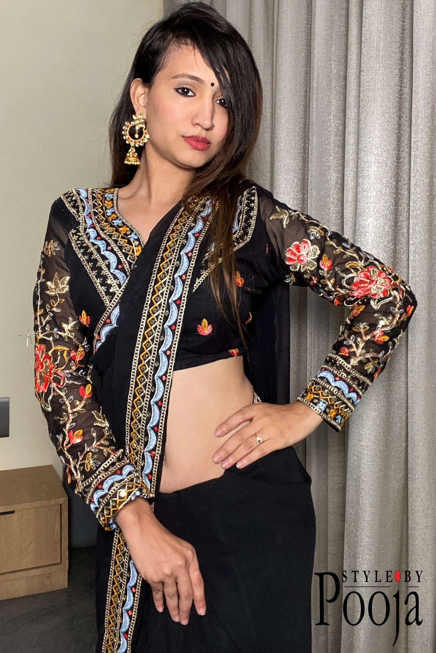 Heavy Blouse Work Stylish Black Party Wear Saree