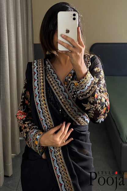 Heavy Blouse Work Stylish Black Party Wear Saree