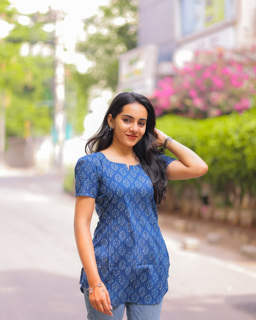 Floral Printed Mandarin Collar Cotton Short Kurti