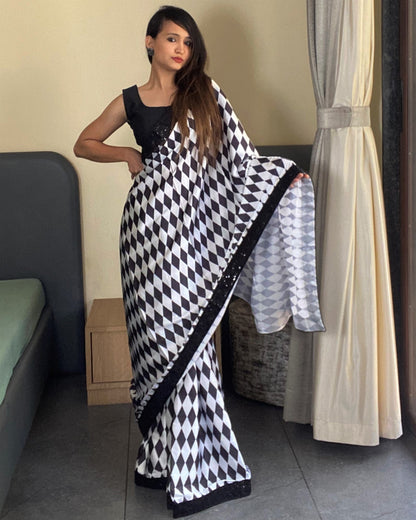 Black And White Geometric Print Party Wear Saree
