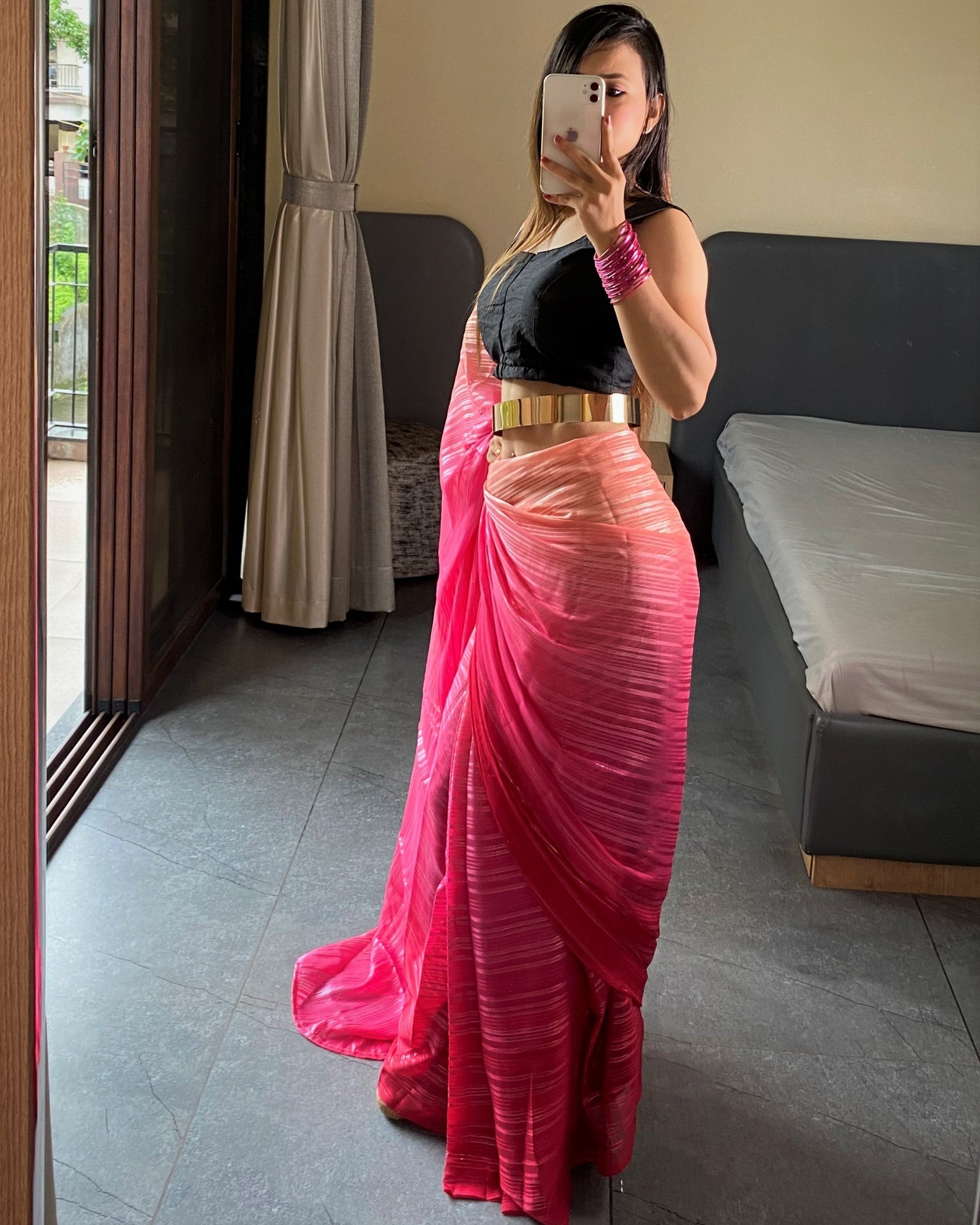 1-Min Ready to Wear Saree In Premium Pink Chiffon
