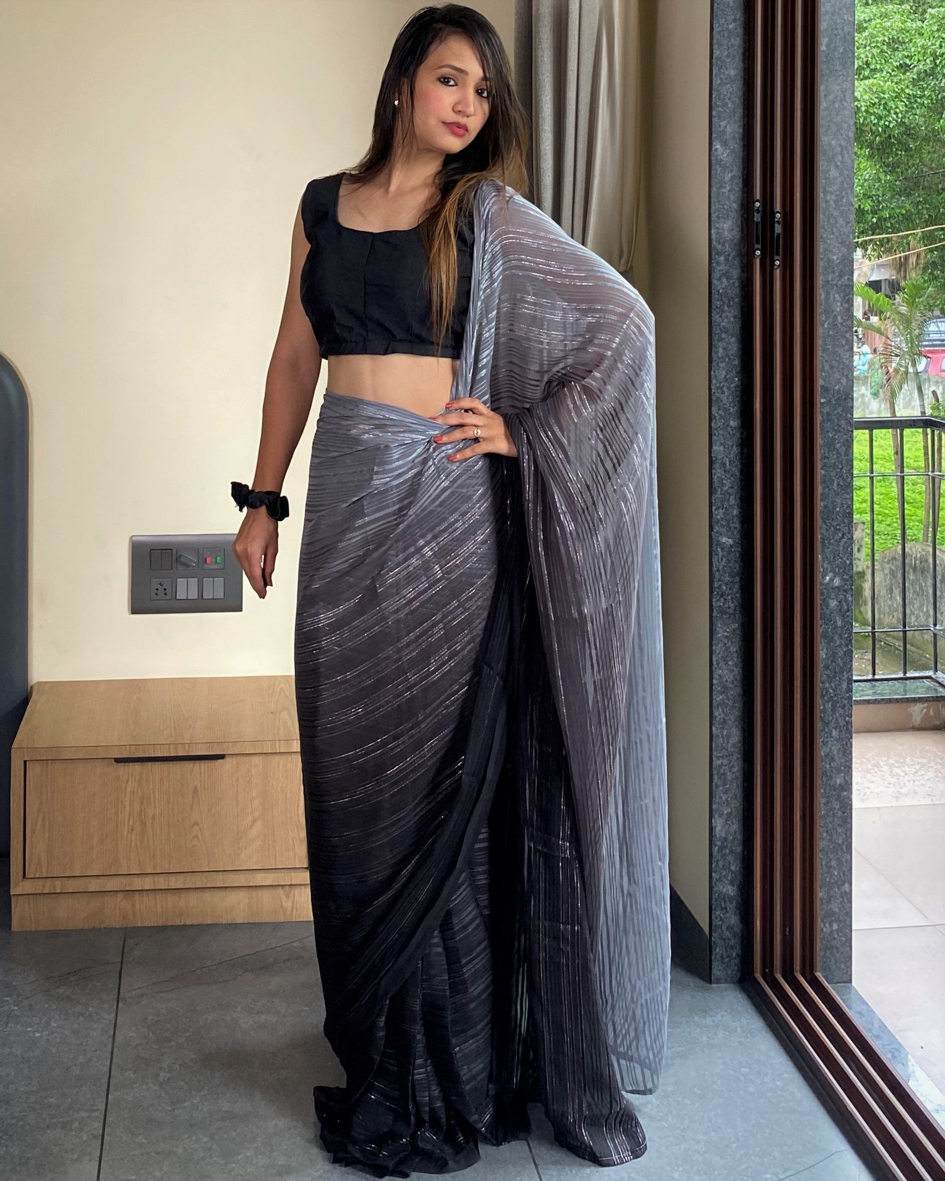 1-Min Ready To Wear Saree In Premium Black Chiffon