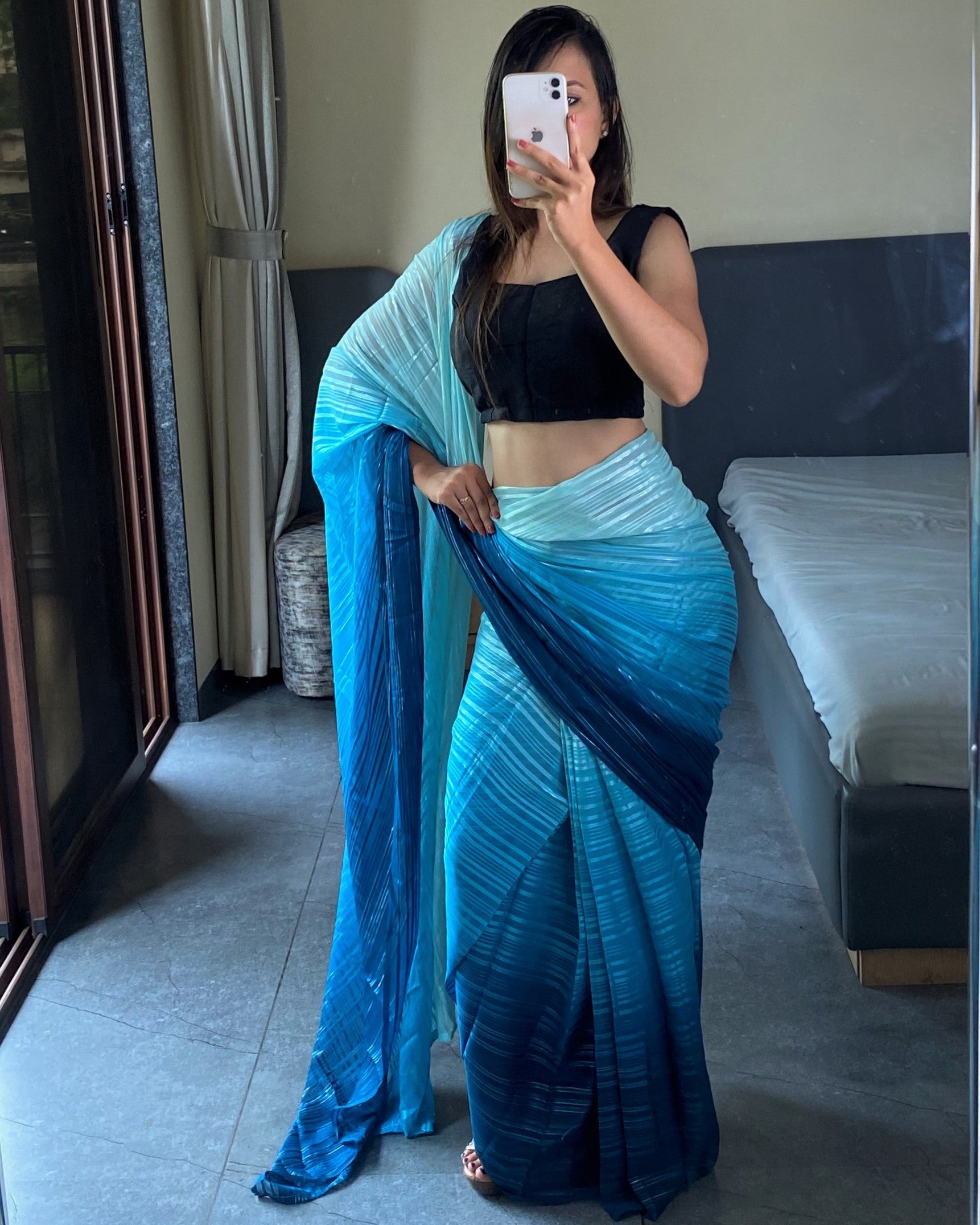 1-Min Ready to Wear Saree in Premium Sky Blue Chiffon