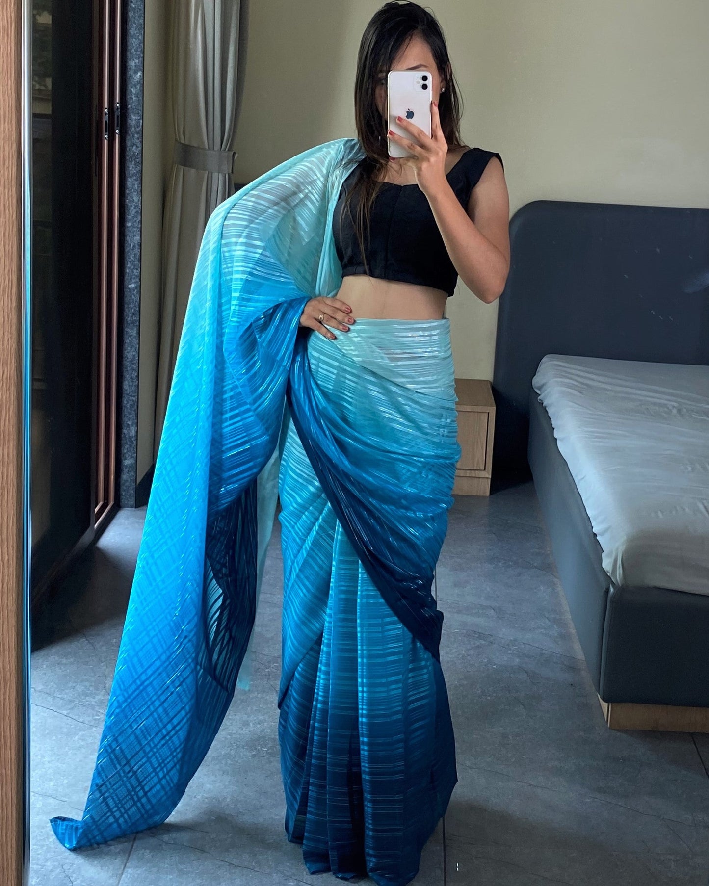 1-Min Ready to Wear Saree in Premium Sky Blue Chiffon