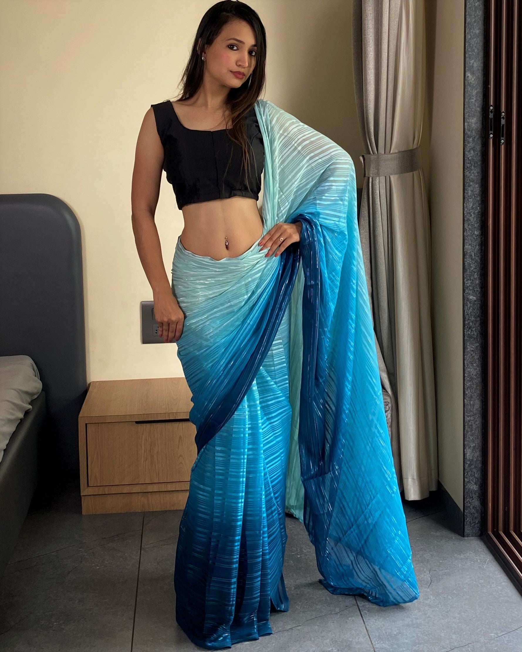 1-Min Ready to Wear Saree in Premium Sky Blue Chiffon