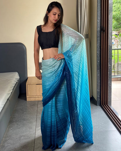 1-Min Ready to Wear Saree in Premium Sky Blue Chiffon