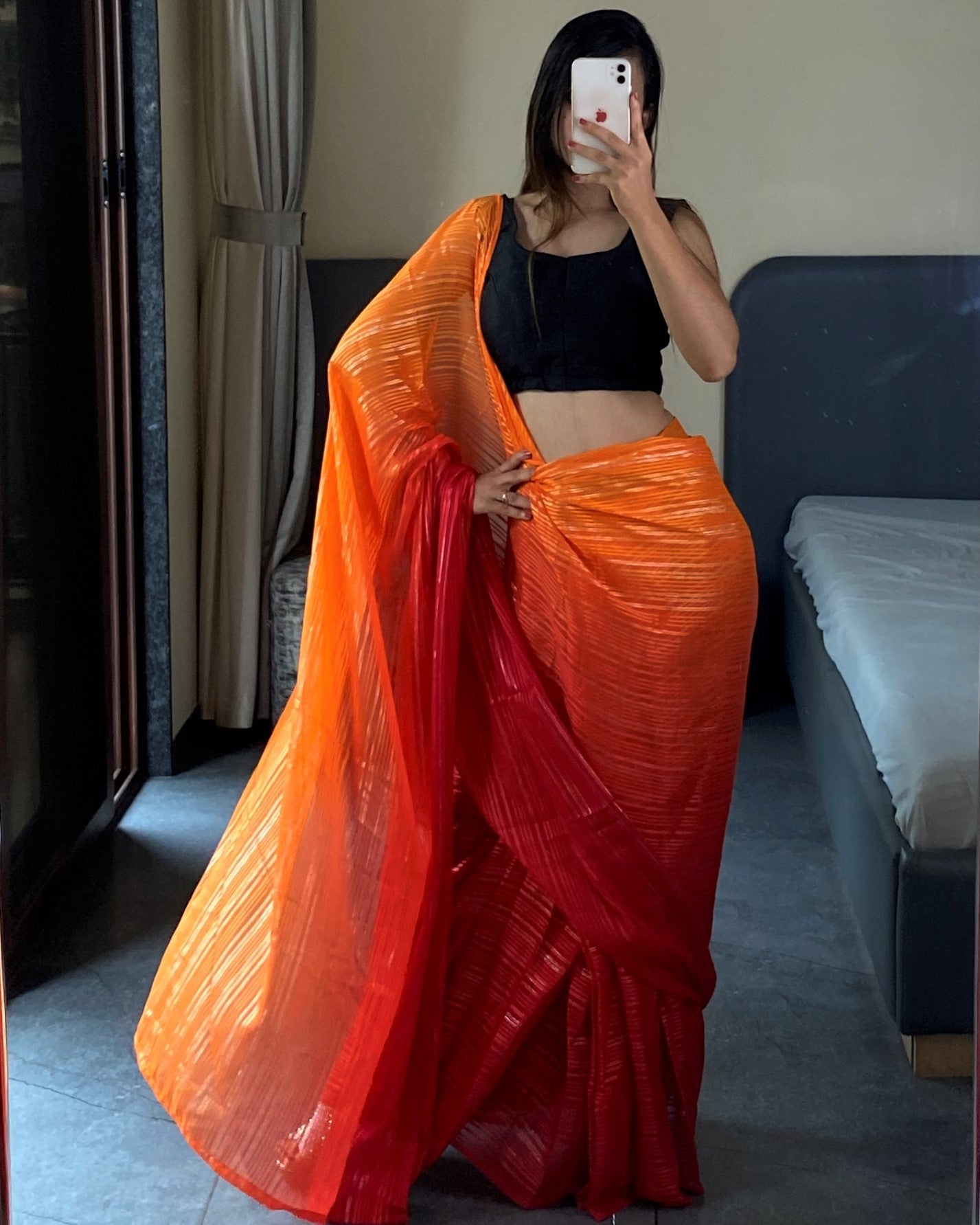 1-Min Ready to Wear Saree in Premium Orange Chiffon