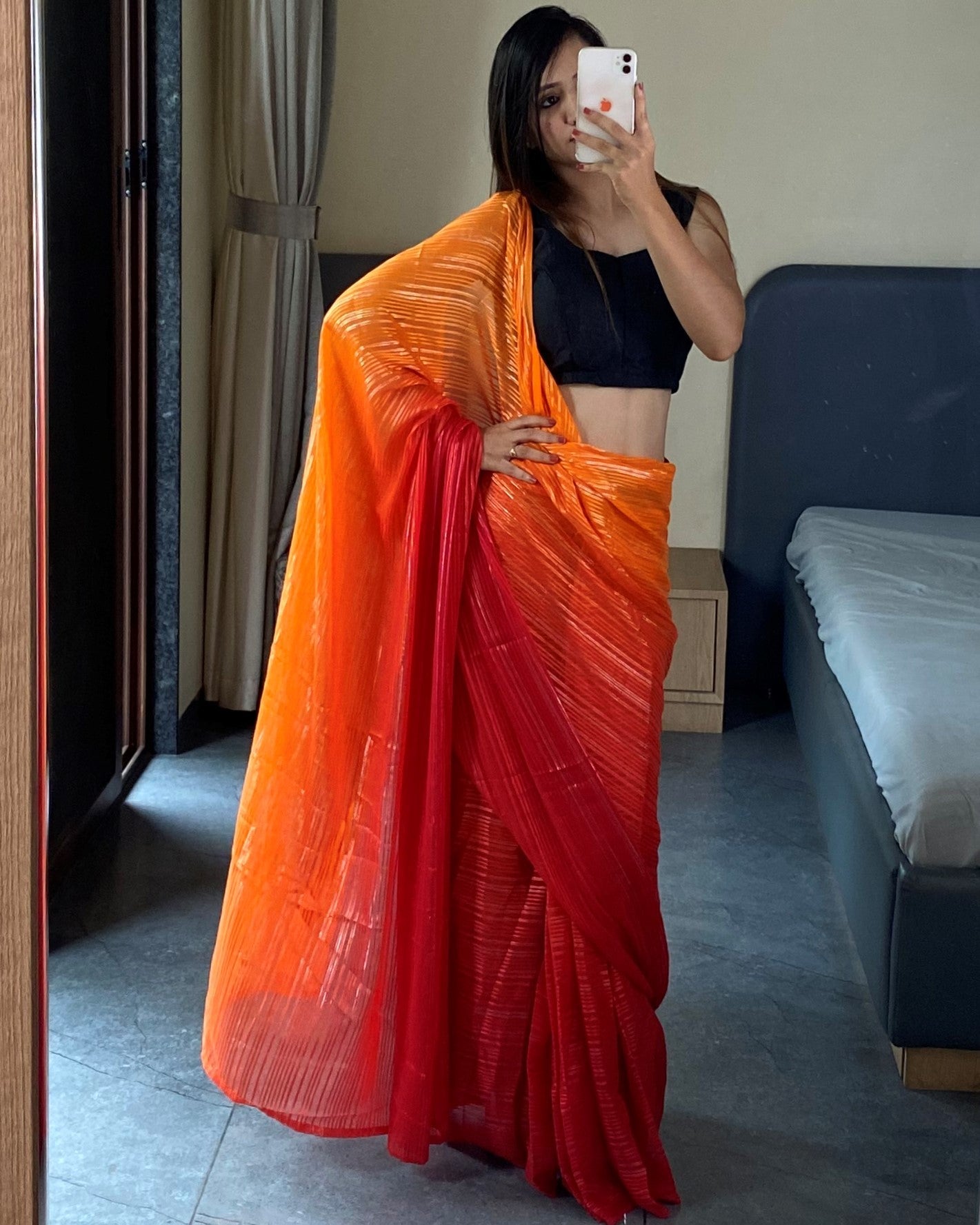 1-Min Ready to Wear Saree in Premium Orange Chiffon
