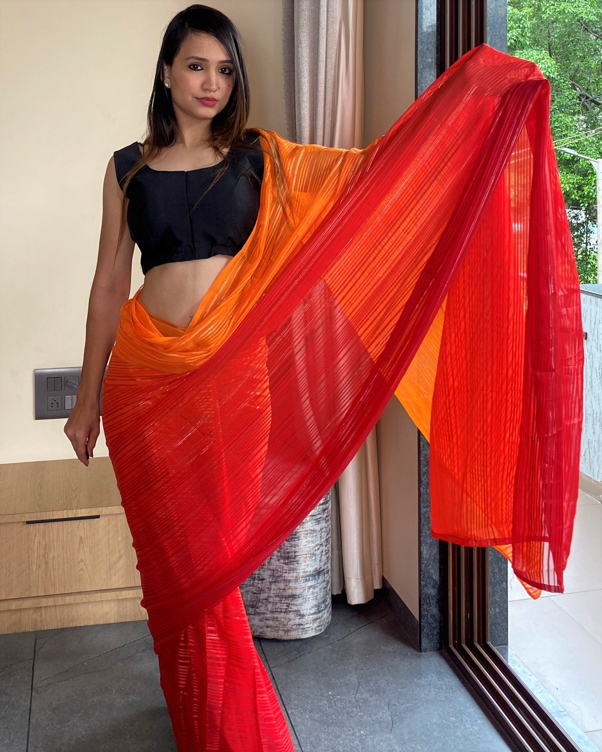 1-Min Ready to Wear Saree in Premium Orange Chiffon