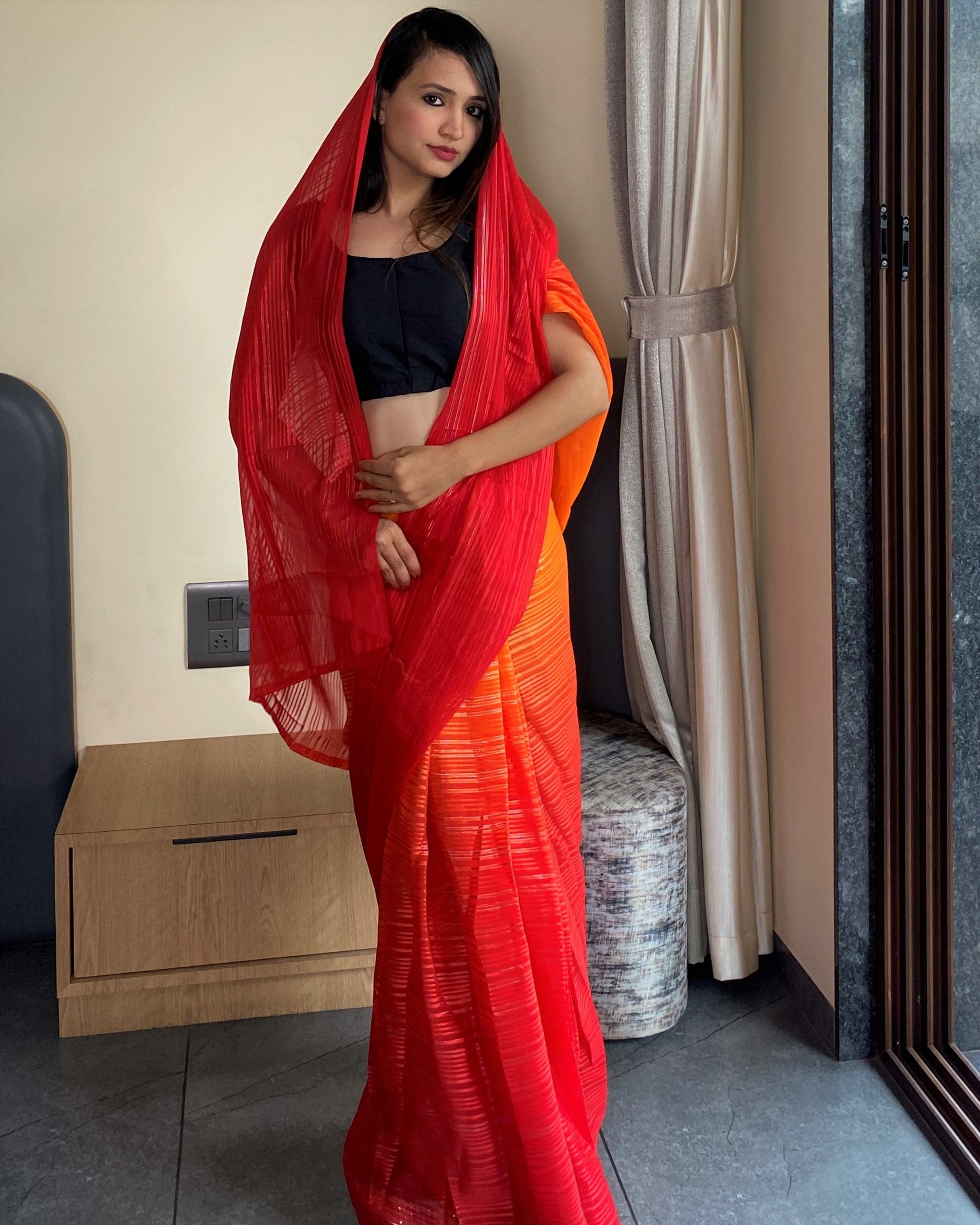 1-Min Ready to Wear Saree in Premium Orange Chiffon