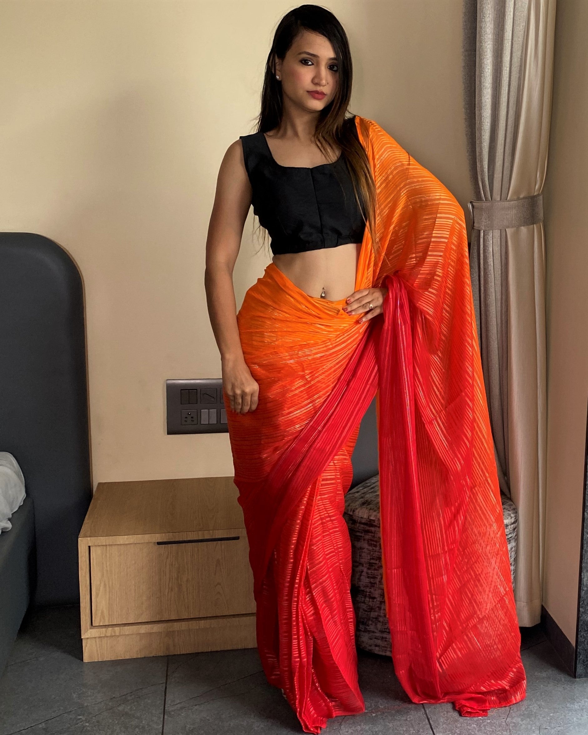 1-Min Ready to Wear Saree in Premium Orange Chiffon