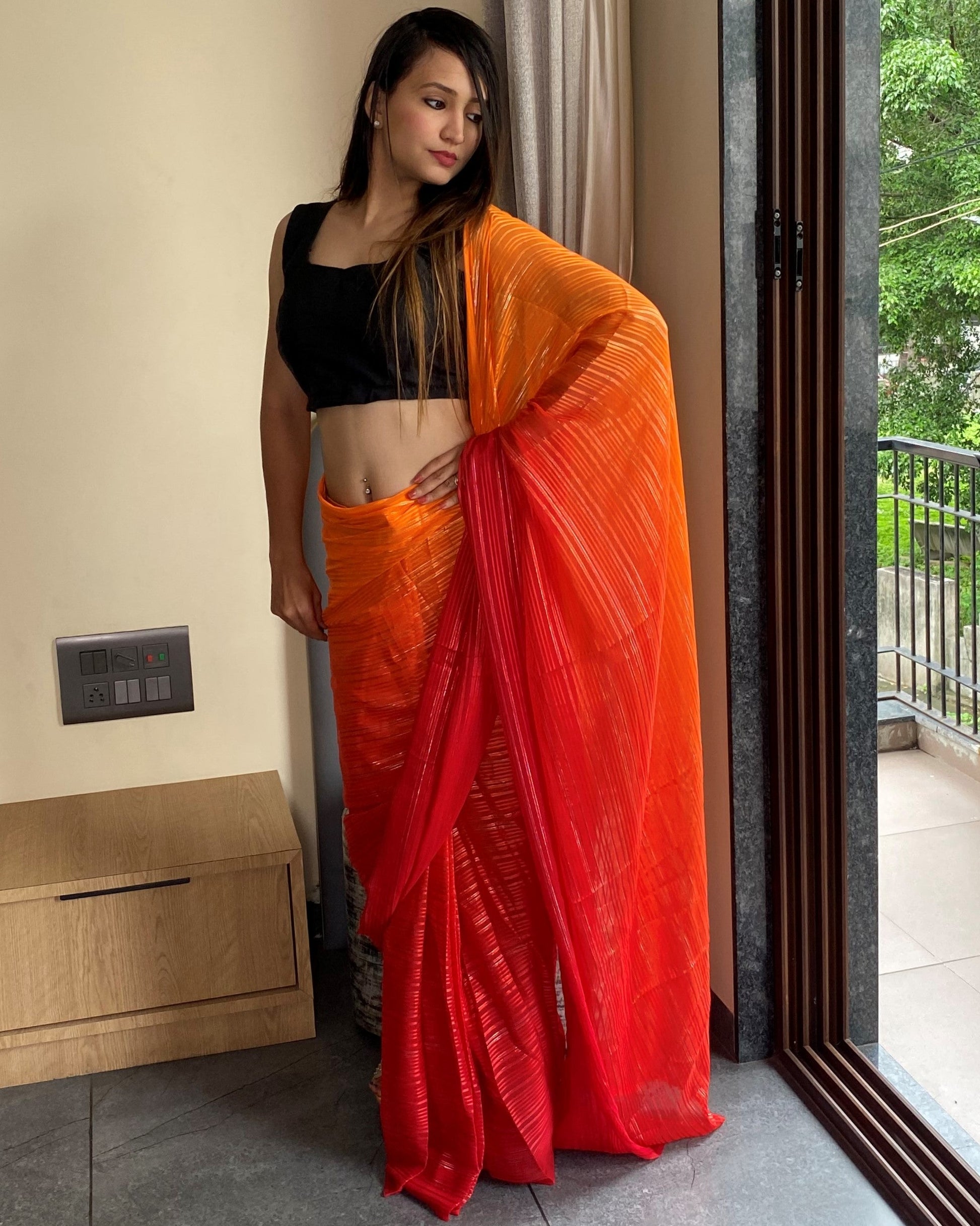 1-Min Ready to Wear Saree in Premium Orange Chiffon