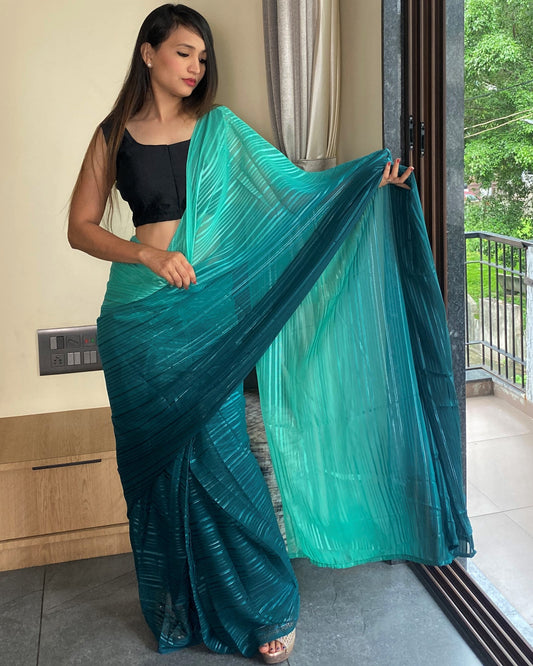 1-Min Ready to Wear Saree in Premium Bluish Cyan Chiffon