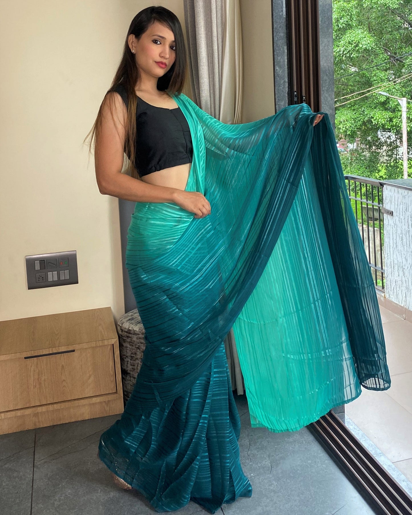 1-Min Ready to Wear Saree in Premium Bluish Cyan Chiffon