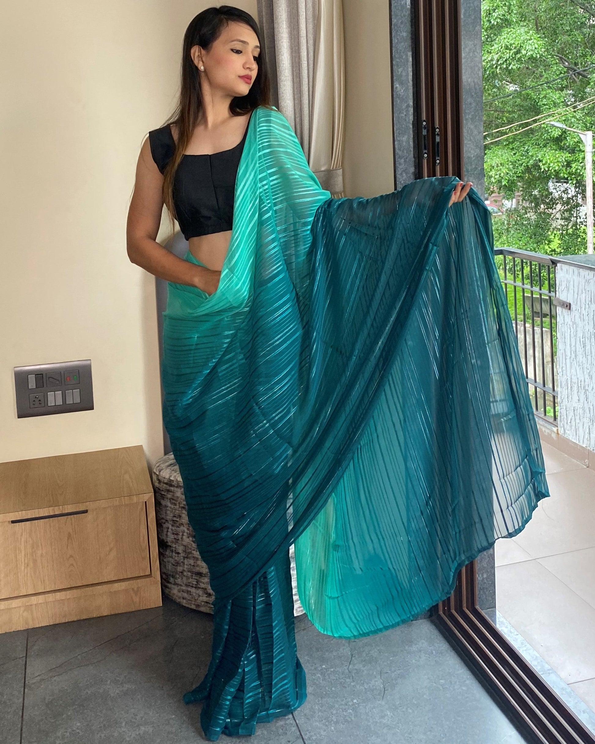 1-Min Ready to Wear Saree in Premium Bluish Cyan Chiffon
