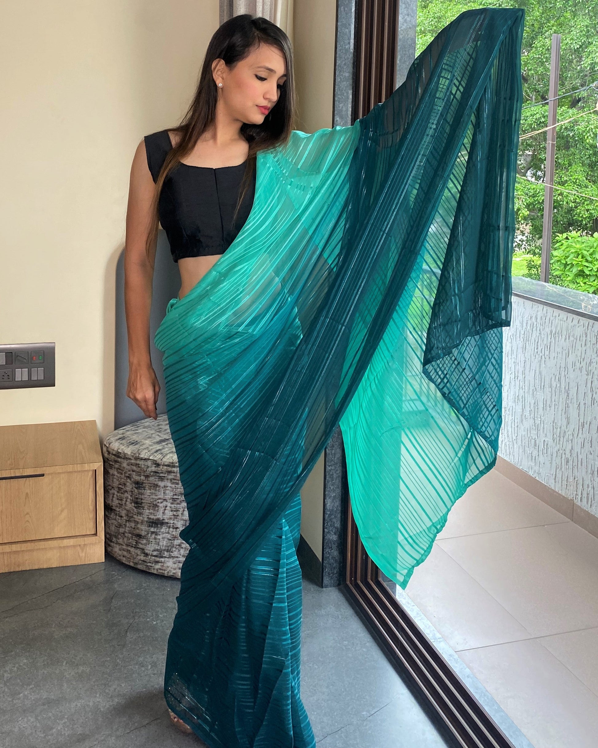 1-Min Ready to Wear Saree in Premium Bluish Cyan Chiffon