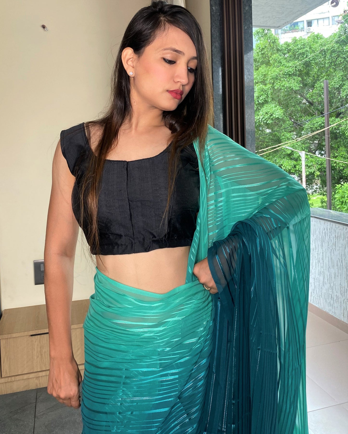 1-Min Ready to Wear Saree in Premium Bluish Cyan Chiffon