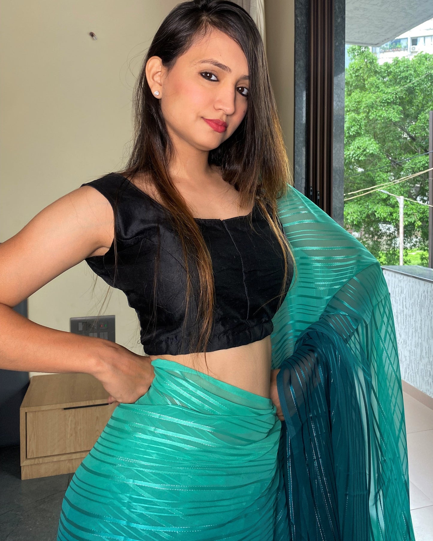 1-Min Ready to Wear Saree in Premium Bluish Cyan Chiffon