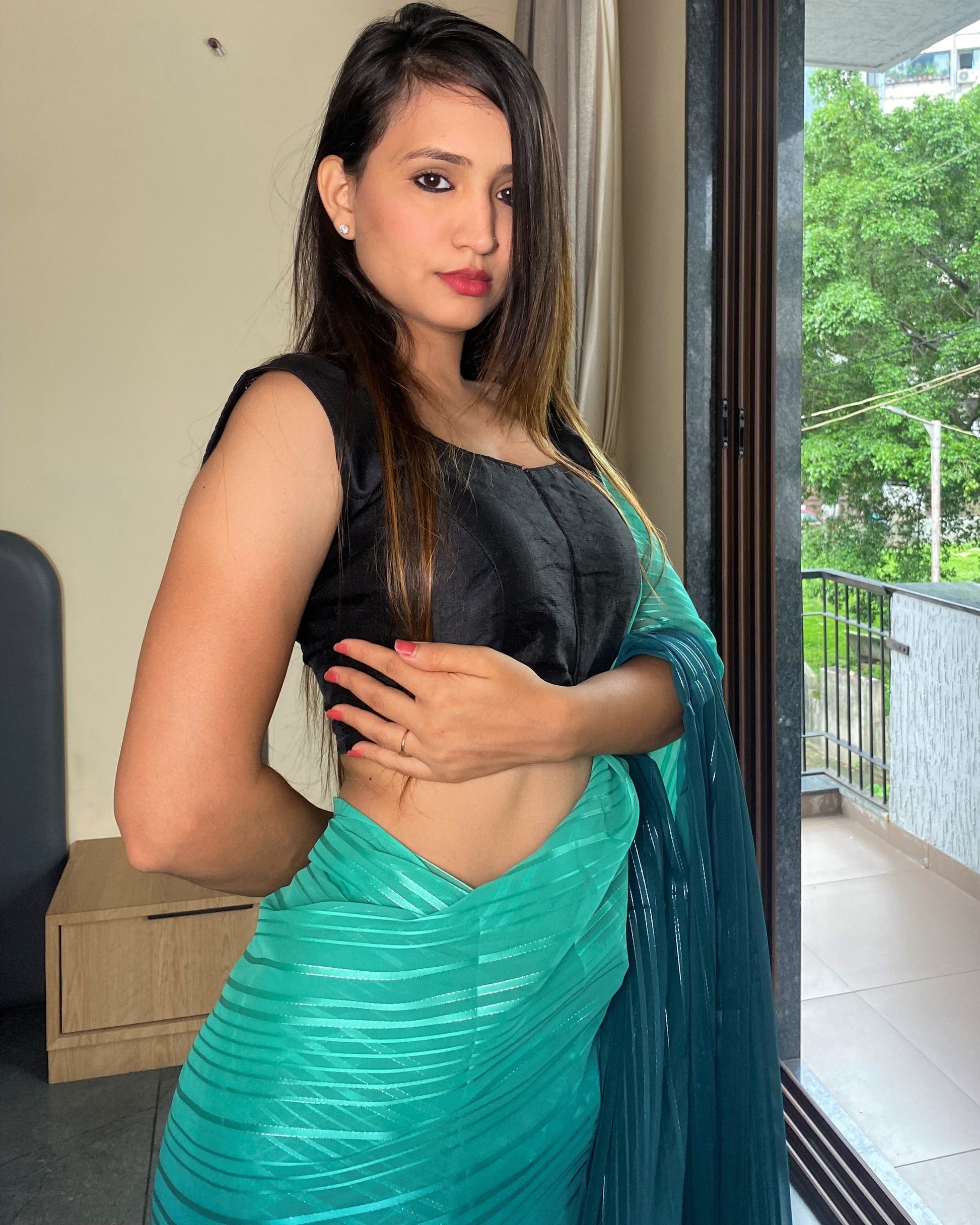 1-Min Ready to Wear Saree in Premium Bluish Cyan Chiffon