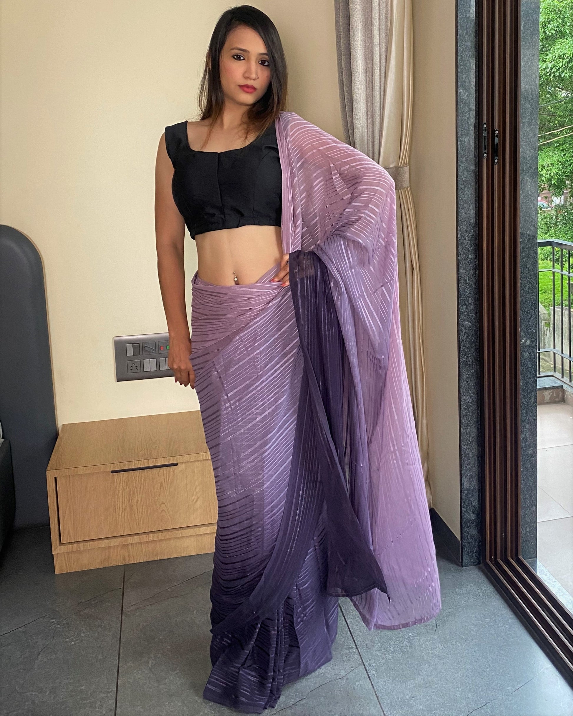 1-Min Ready to Wear Saree in Premium purple Chiffon