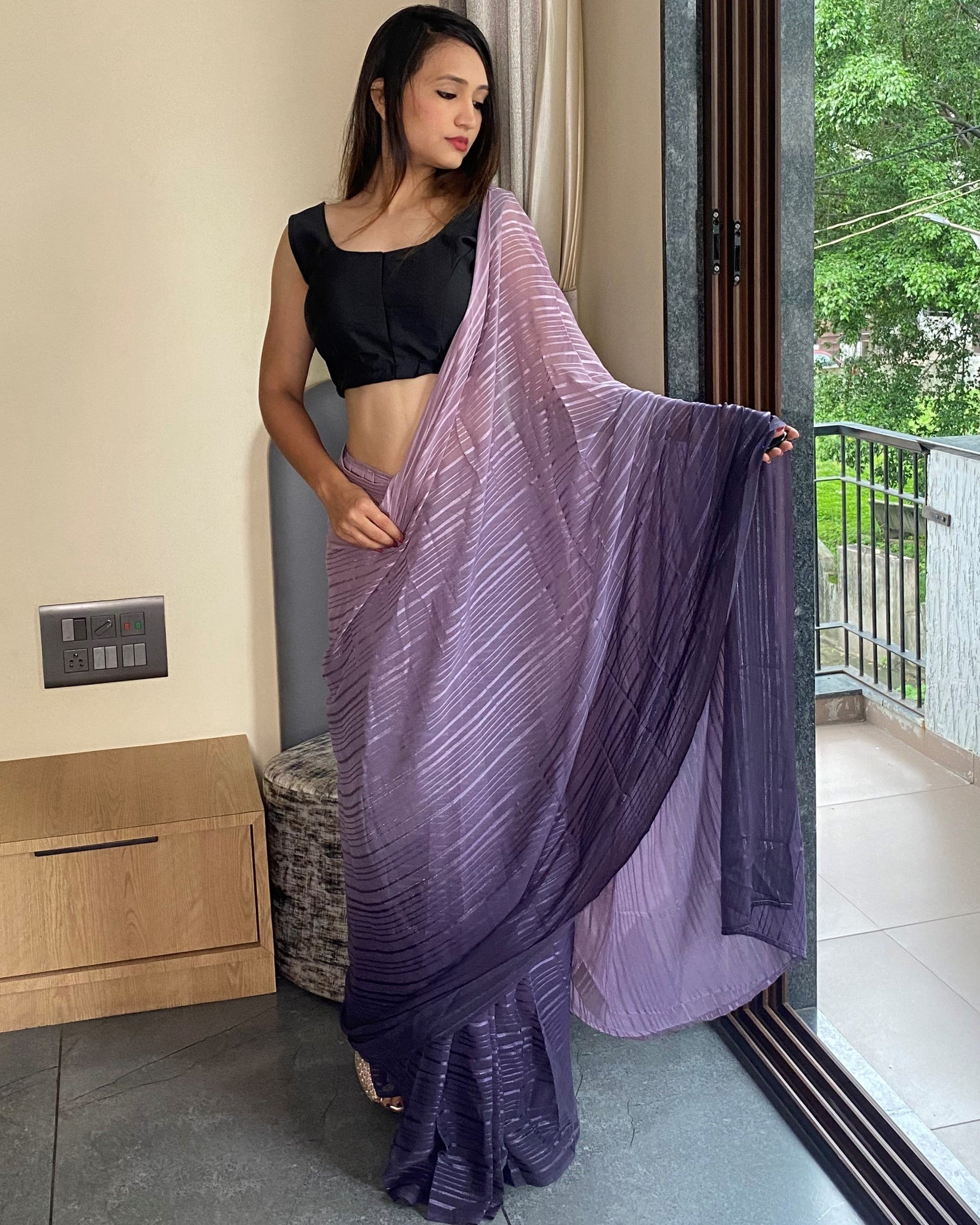 1-Min Ready to Wear Saree in Premium purple Chiffon