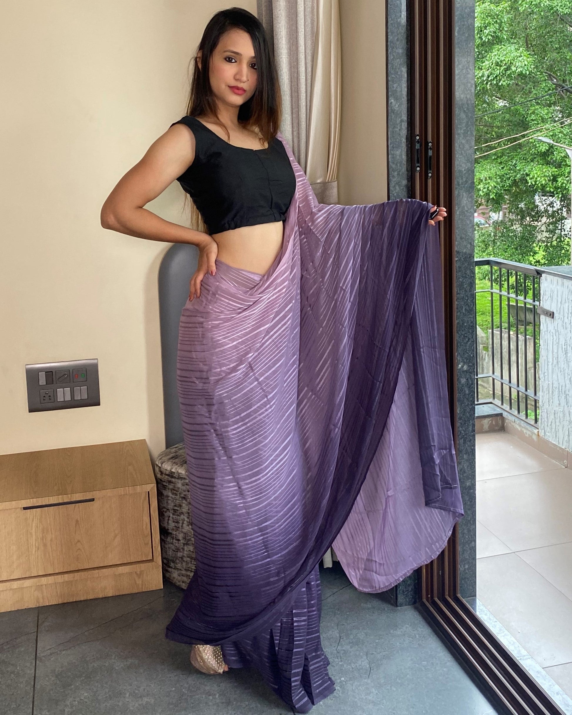 1-Min Ready to Wear Saree in Premium purple Chiffon