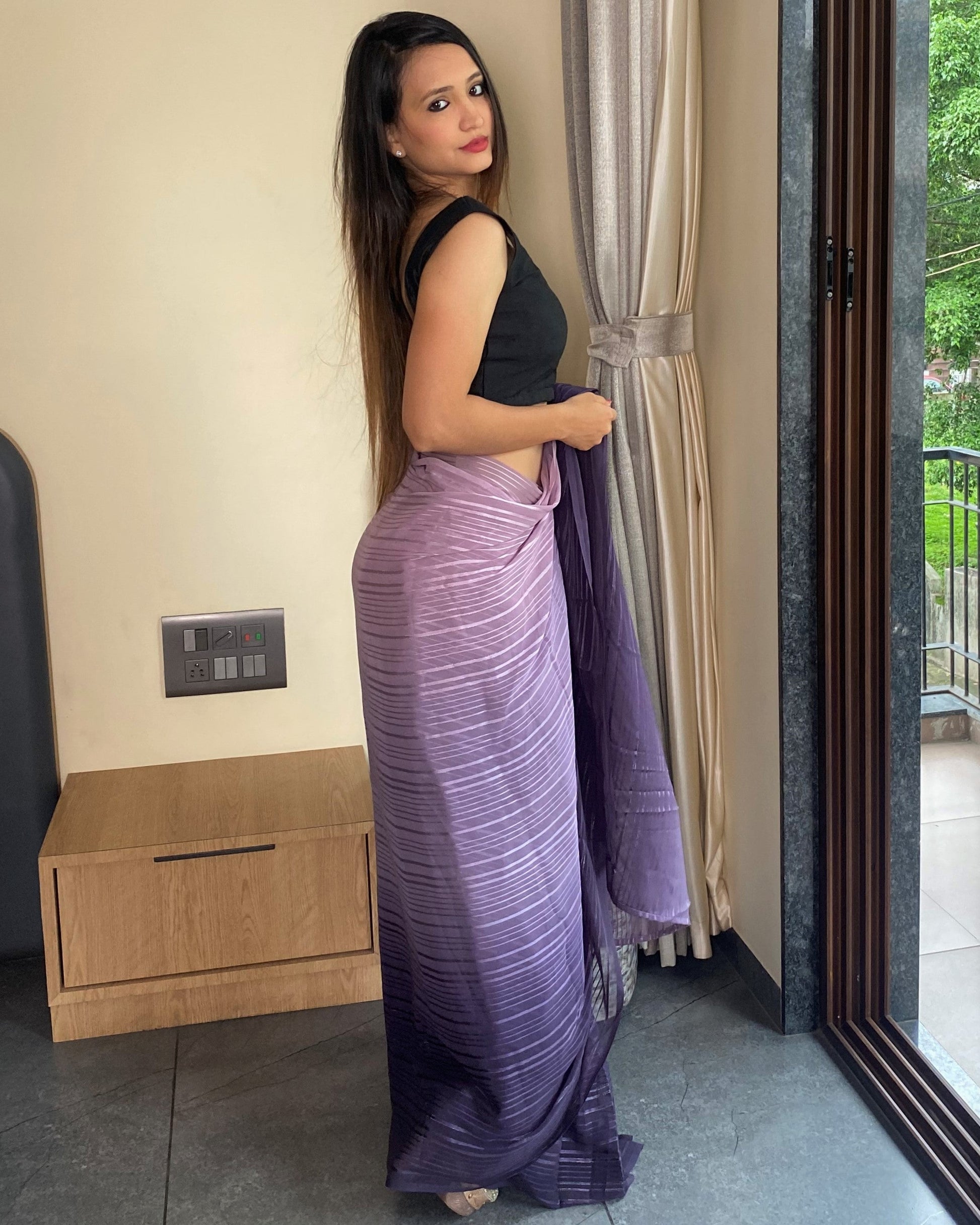 1-Min Ready to Wear Saree in Premium purple Chiffon