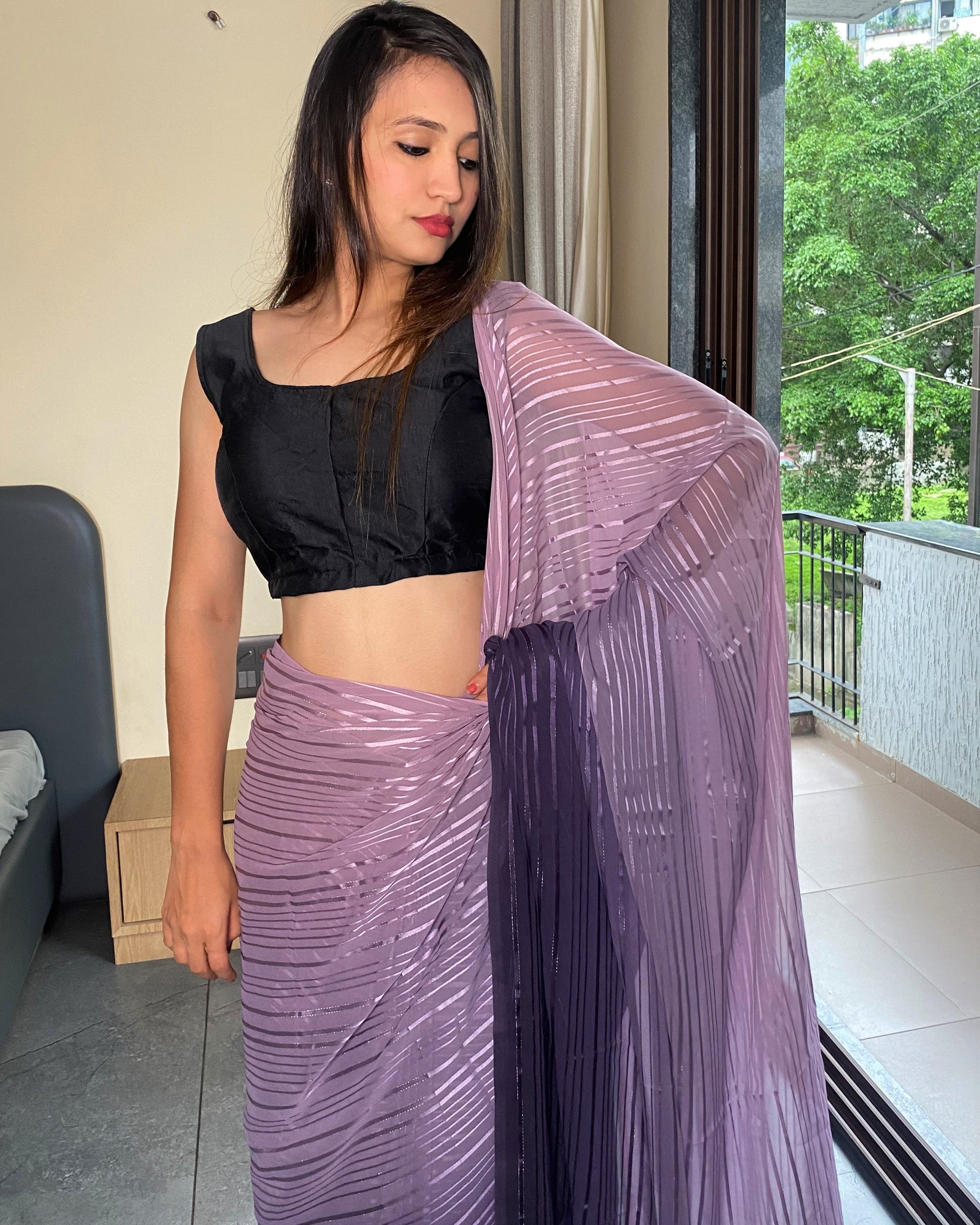 1-Min Ready to Wear Saree in Premium purple Chiffon