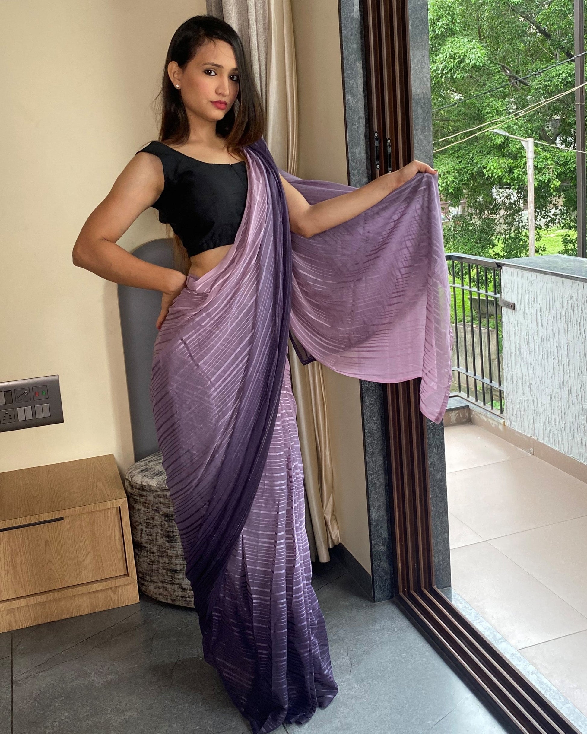 1-Min Ready to Wear Saree in Premium purple Chiffon